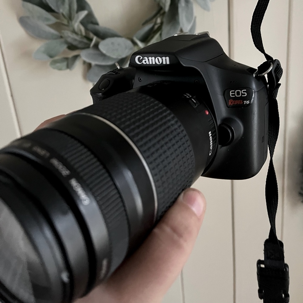 Canon EOS Rebel T6; 2 lenses, battery, charger, adapter cable.